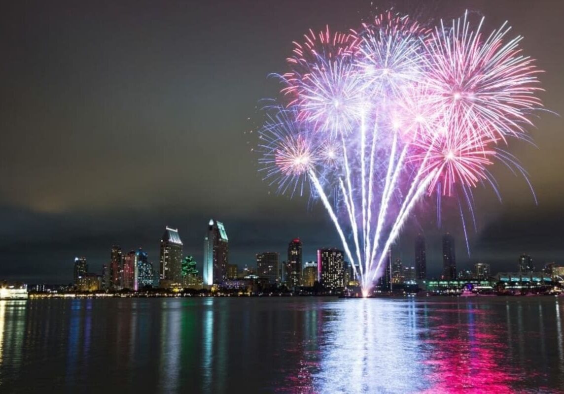 Vibrant fireworks reflecting on calm harbor water